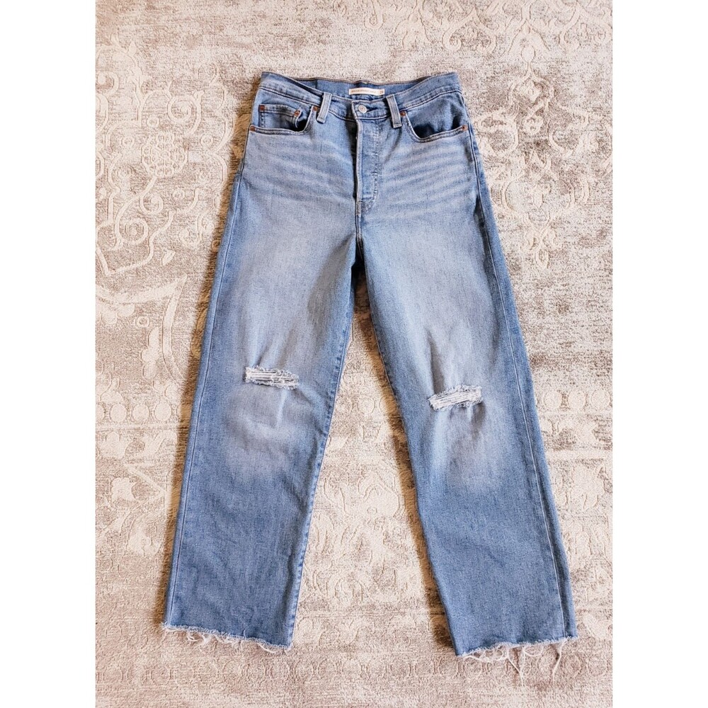 Levi's Ribcage Straight Ankle Jeans W28 x L27 Blue Distressed Raw Hem Button Fly